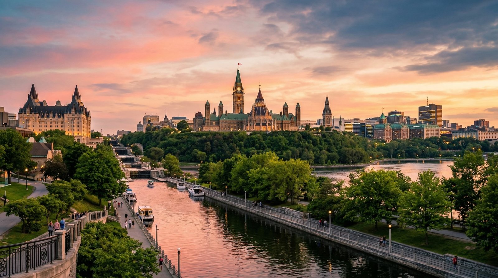 Ottawa skyline at sunset showing Parliament Hill